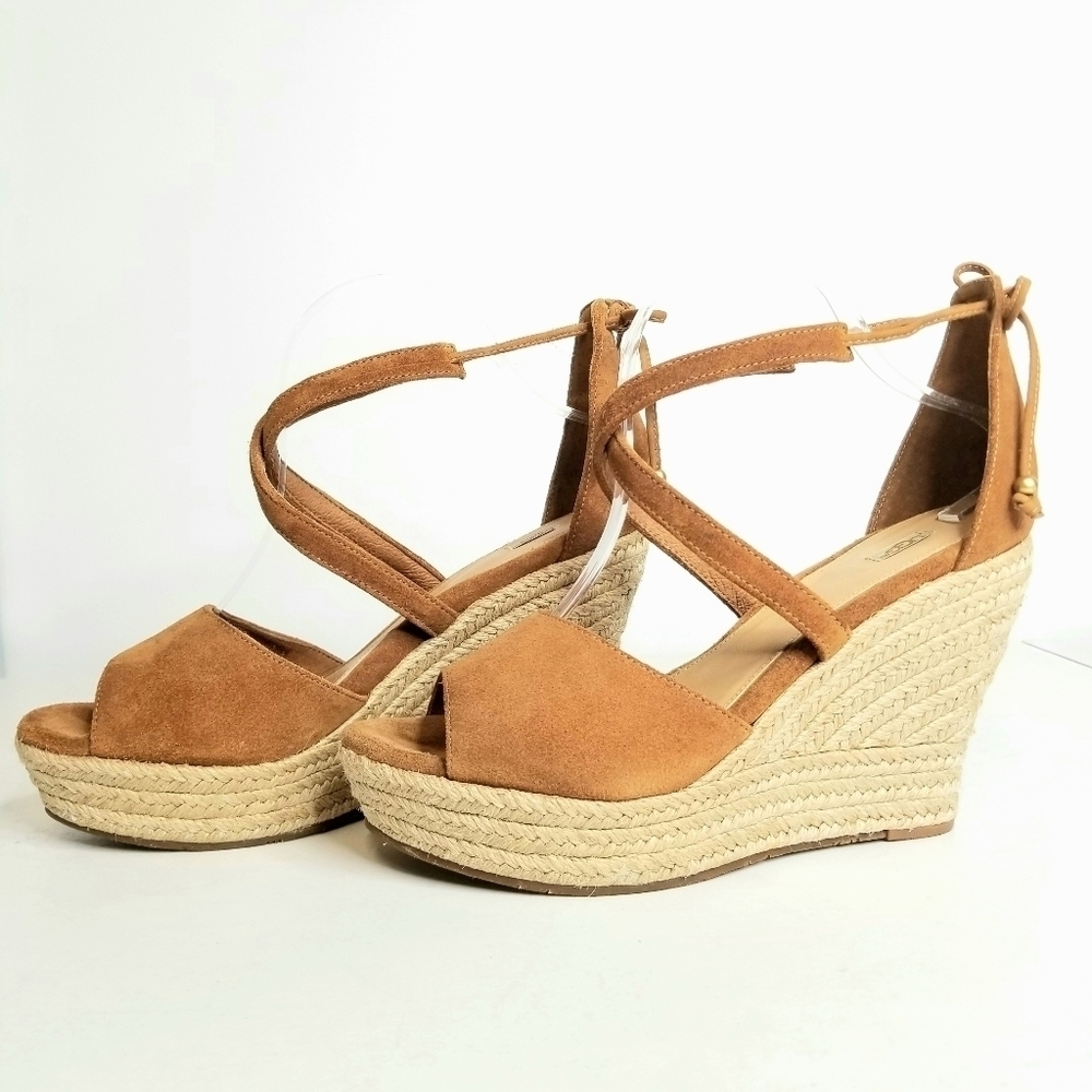 UGG Reagan Peep Toe Suede Jute Platform Espadrille Wedge Tan Brown Sandals, 10